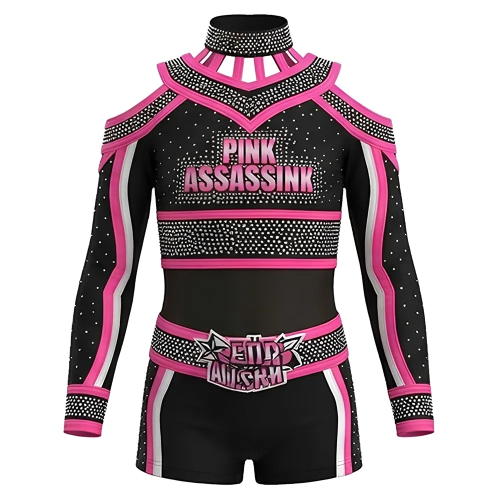 Sublimation Cheerleading Uniform Diamanté Cheerleading Uniform Black and Rose-red Cheerleading for Competition – photo 2