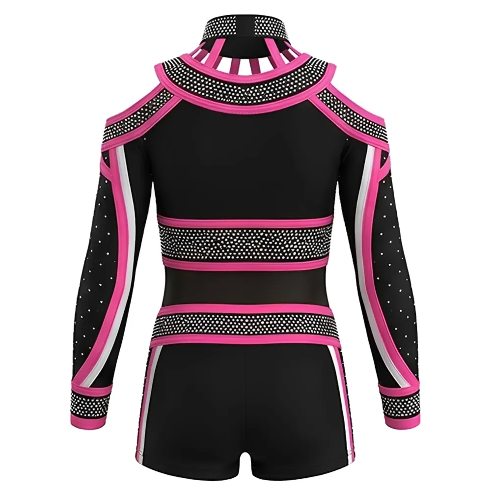Sublimation Cheerleading Uniform Diamanté Cheerleading Uniform Black and Rose-red Cheerleading for Competition – photo 3