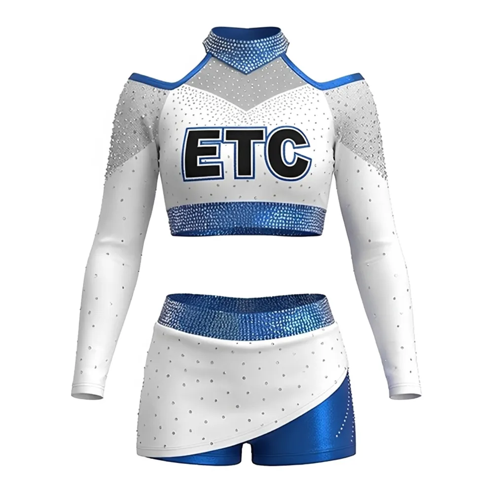 Competition White and Blue Long Sleeve Cheerleading Uniform Sets for Youth Women in Spandex/Polyester for Practice Wear – photo 2