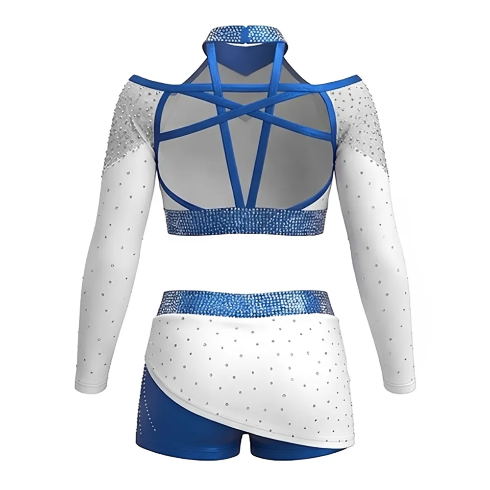 Competition White and Blue Long Sleeve Cheerleading Uniform Sets for Youth Women in Spandex/Polyester for Practice Wear – photo 3