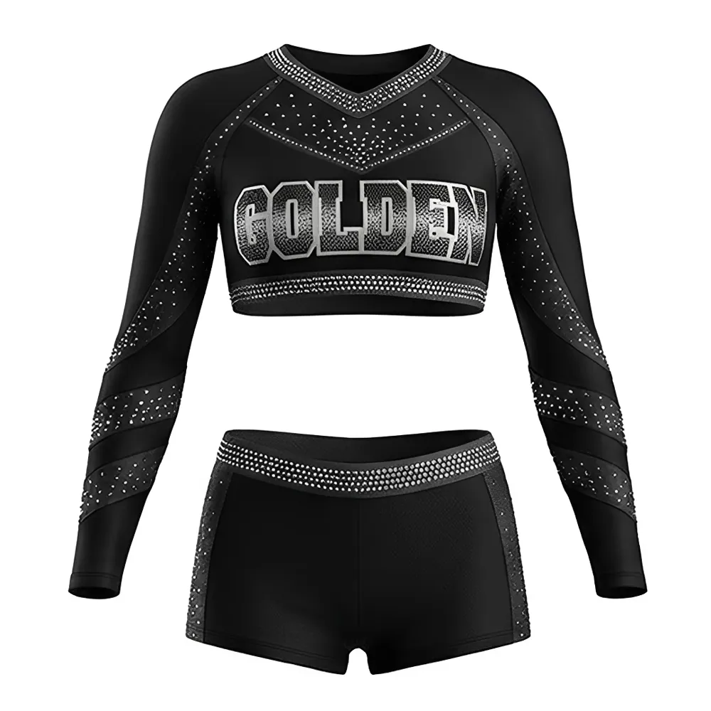 New Design Children's Cheerleading Uniform Sets Spandex/Polyester Digital Print Blue White Yellow Black Shiny for Team – photo 2