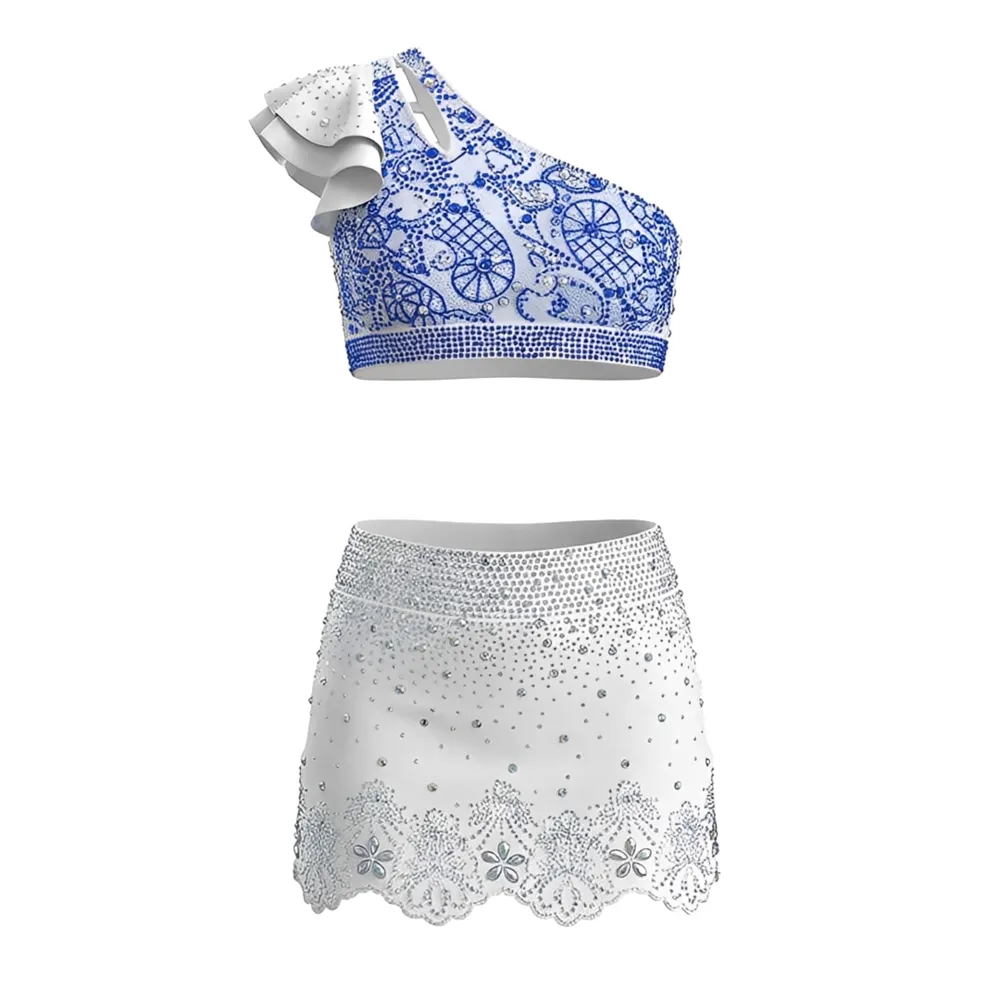 Sexy Girl Cheerleader Costume Hot Spandex Child Uniforms with Rhinestone Printed Techniques Sublimation Set – photo 3