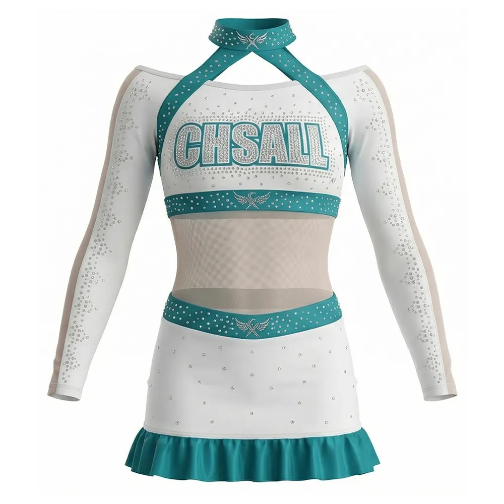 Youth Cheerleading Uniform Two Piece Elastic Waist Spandex Ruffle Bright Teal Color Youthful Cheer Outfit for Girls – photo 2