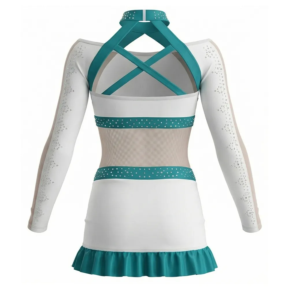 Youth Cheerleading Uniform Two Piece Elastic Waist Spandex Ruffle Bright Teal Color Youthful Cheer Outfit for Girls – photo 3