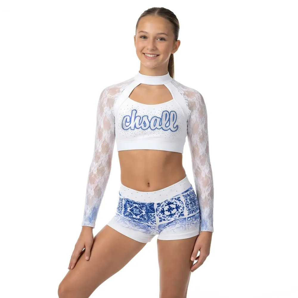 Cheerleading Uniform Lace Long Sleeve Crop Top and Printed Shorts Set for Cheerleading Practice and Competition – photo 2