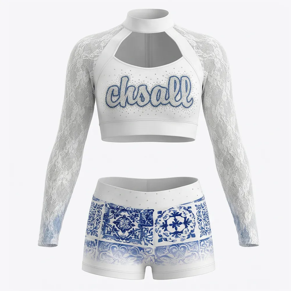 Cheerleading Uniform Lace Long Sleeve Crop Top and Printed Shorts Set for Cheerleading Practice and Competition – photo 3