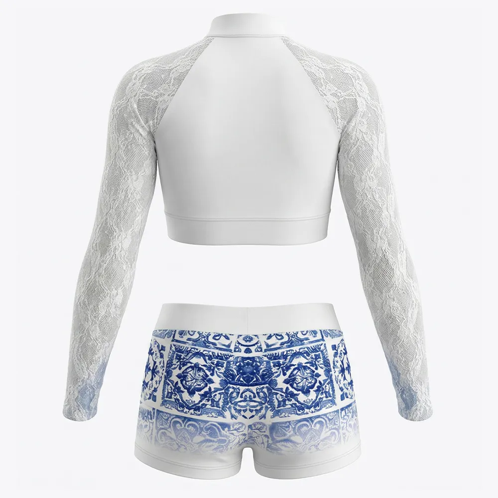 Cheerleading Uniform Lace Long Sleeve Crop Top and Printed Shorts Set for Cheerleading Practice and Competition – photo 4