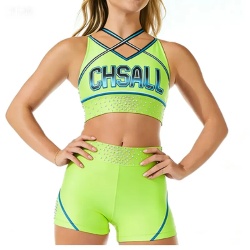 Shiny Rhinestones Dance Active Wear Sparkle Design Cheer Practice Wear Shell Shorts 2 Sets Uniforms – photo 3