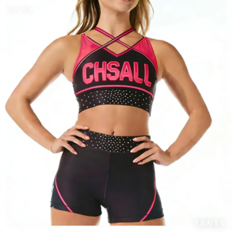 Shiny Rhinestones Dance Active Wear Sparkle Design Cheer Practice Wear Shell Shorts 2 Sets Uniforms – photo 4