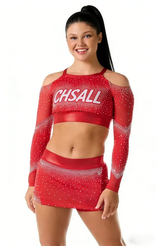 Rhinestone Cheerleading Uniform Set Red Maroon Options Cold Shoulder/High Neck Crop Top with Skirt for Competition Performance – photo 2