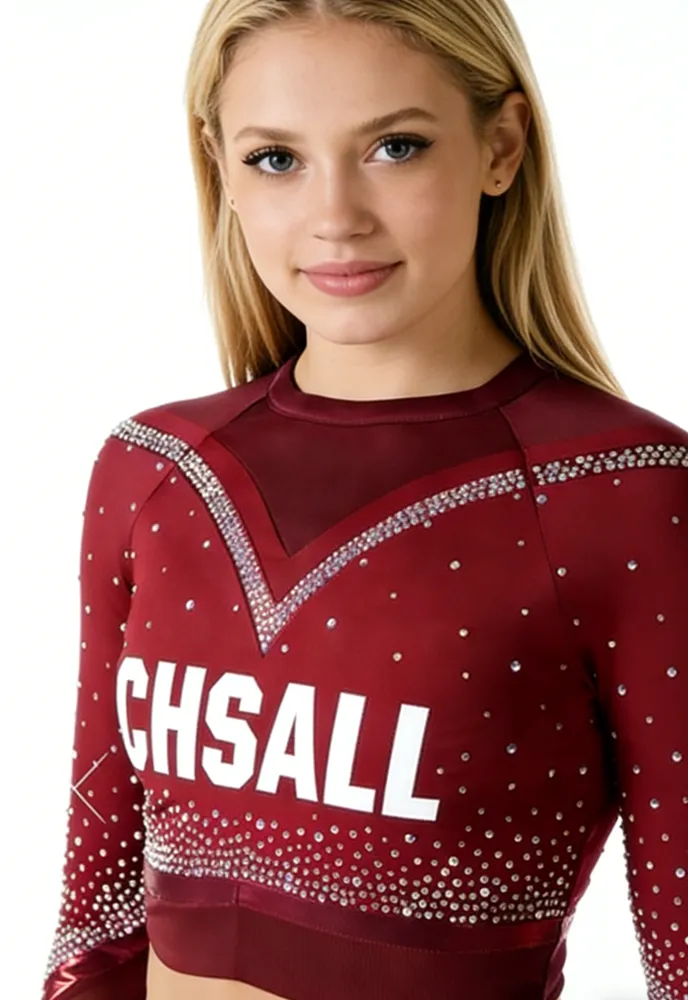 Rhinestone Cheerleading Uniform Set Red Maroon Options Cold Shoulder/High Neck Crop Top with Skirt for Competition Performance – photo 3