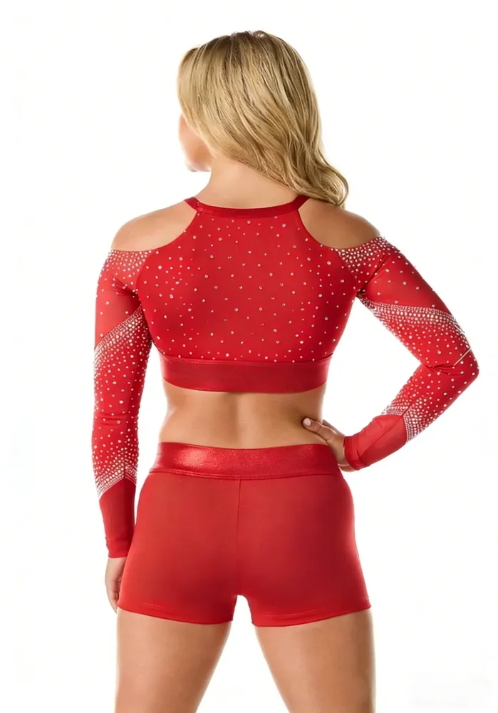 Rhinestone Cheerleading Uniform Set Red Maroon Options Cold Shoulder/High Neck Crop Top with Skirt for Competition Performance – photo 4