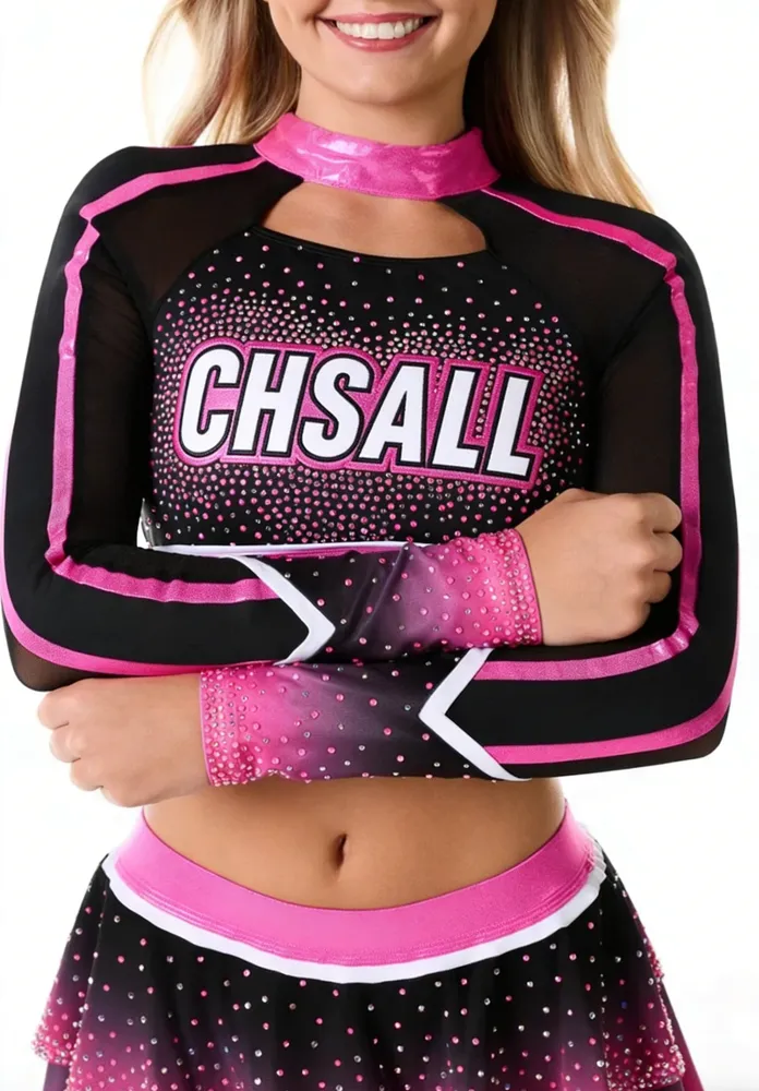 Cheer Leader Uniforms with Rhinestone Logo Crop Top Mini Skirt Set Spandex Performance Wear for Cheer Teams – photo 3