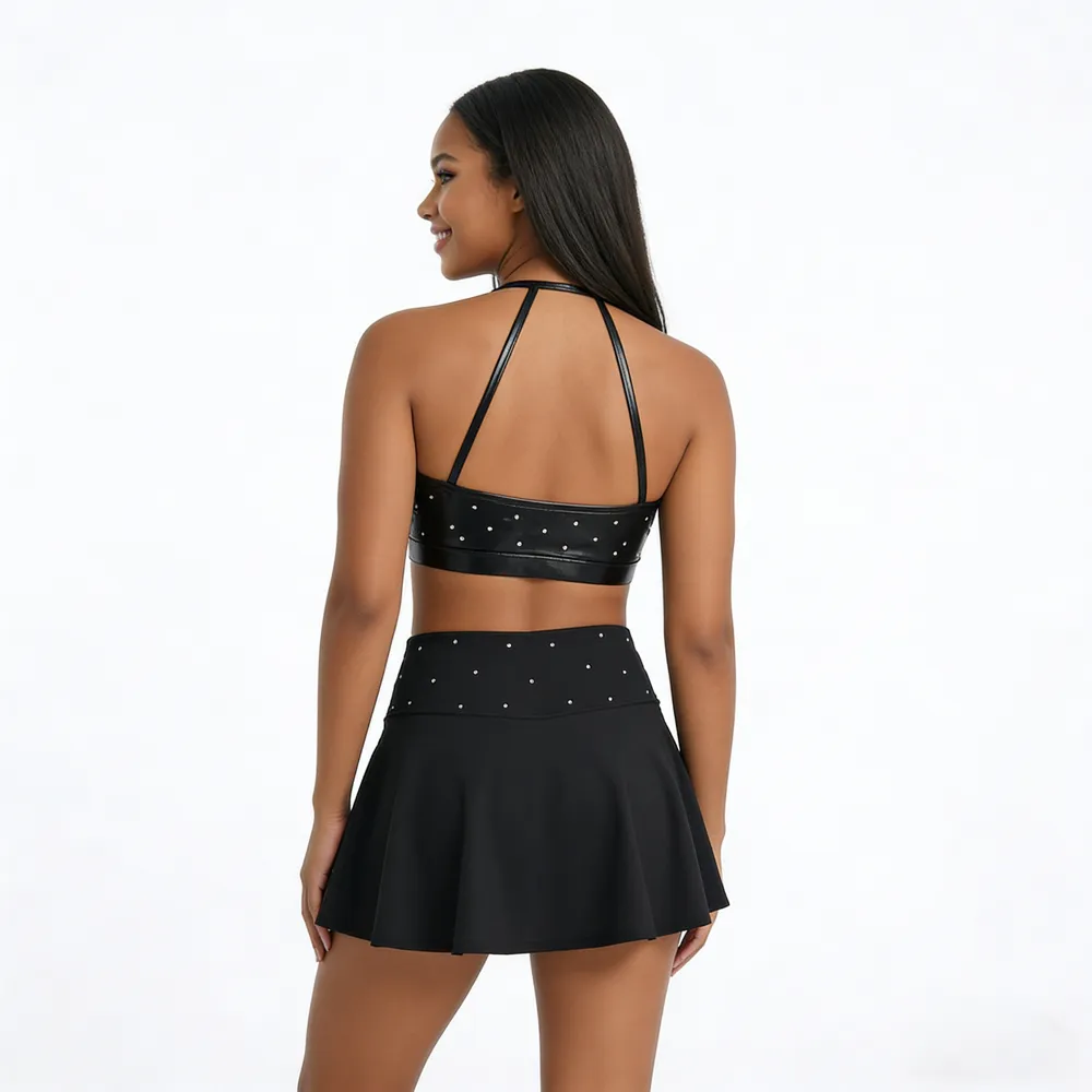 2-Piece Girls Cheerleading Outfit Shiny Rhinestone Graffiti Print Crop Top Skort for Gymnastics Dance Stage Performance – photo 2