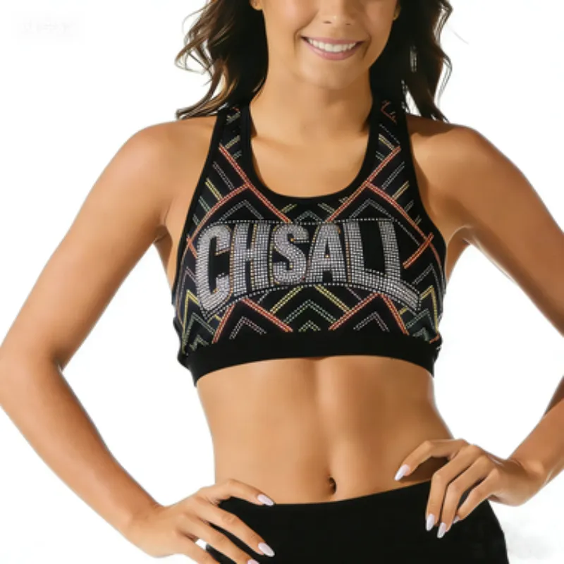 Logo Rhinestone Cheerleading Shirt Top and Short Set Full Bling Crop Tops for Women Youth Girl Practice Cheer Wear Black – photo 2