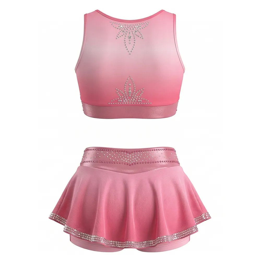 Sleeveless Two Piece Cheerleading Uniform Pink Ruffle Rhinestone Spandex Team Cheer Outfit – photo 2