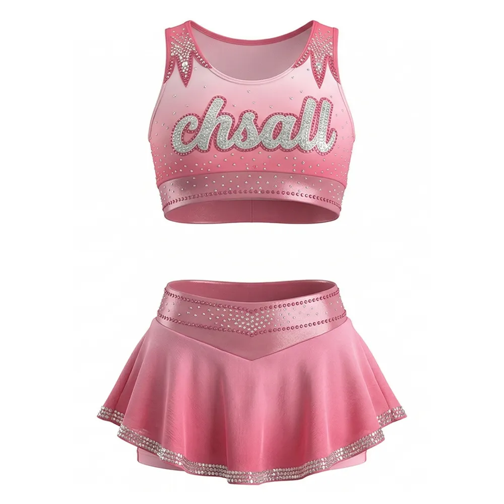 Sleeveless Two Piece Cheerleading Uniform Pink Ruffle Rhinestone Spandex Team Cheer Outfit – photo 3