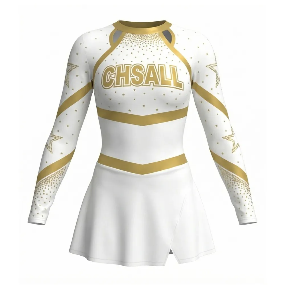 Cheerleading Uniform Spandex Acrylic Long Sleeve Elastic Waist Youthful Gold Cheer Outfit – photo 3