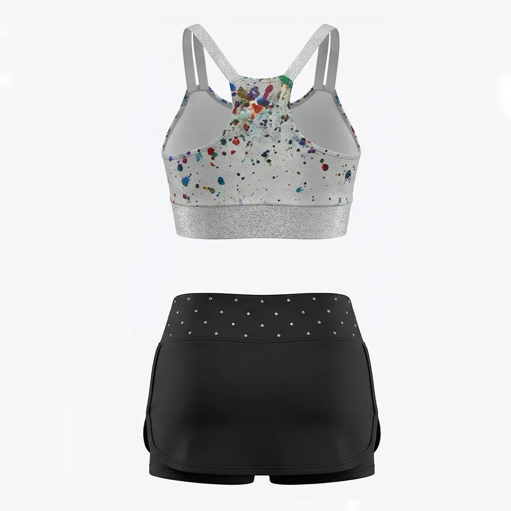 Sleeveless Two Piece Cheerleading Uniform Rhinestone Spandex Stretchy Elastic Waist Bright Color Youthful Cheer Outfit for Kids – photo 2