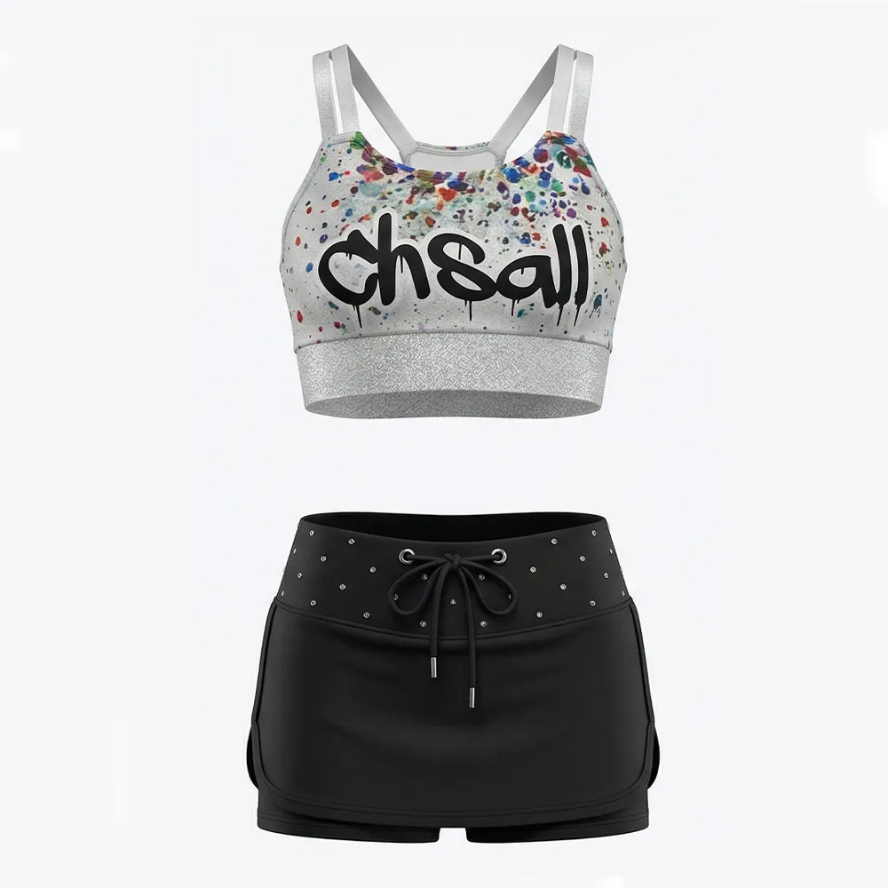 Sleeveless Two Piece Cheerleading Uniform Rhinestone Spandex Stretchy Elastic Waist Bright Color Youthful Cheer Outfit for Kids – photo 3