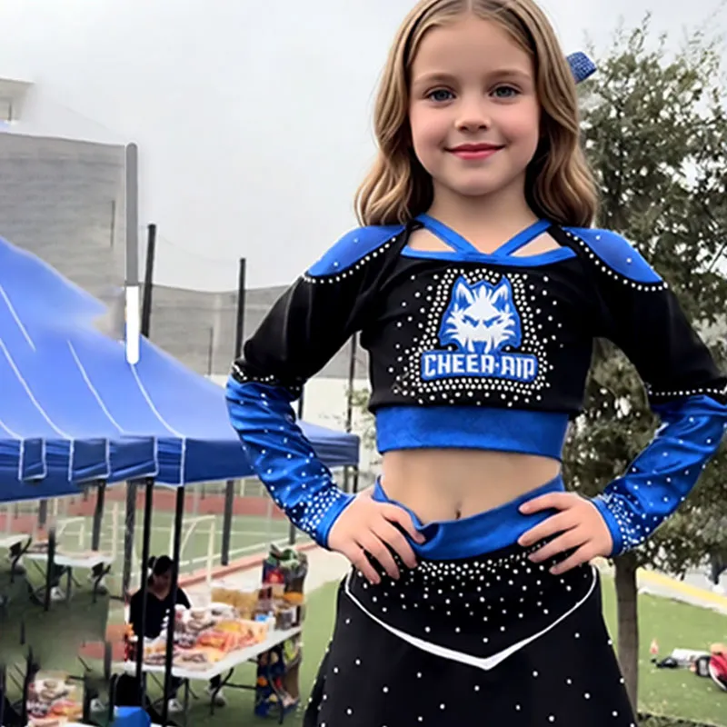 Kids Long Sleeve Two Piece Cheerleading Uniform Elastic Waist Spandex Bright Color Ruffle Cheer Outfit for Girls – photo 2
