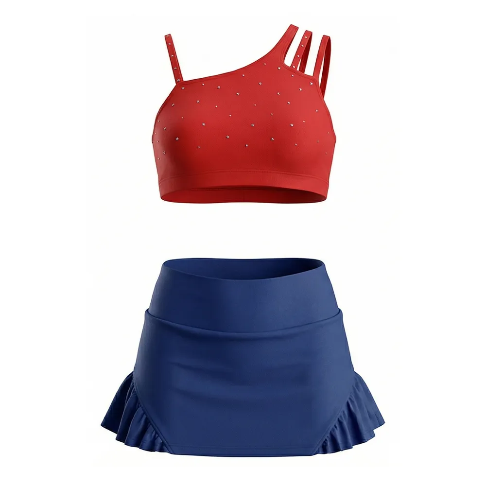 Girls Cheerleading Uniform Sleeveless Two Piece Rhinestone Spandex Stretchy Performance Cheer Outfit with Bright Color – photo 3