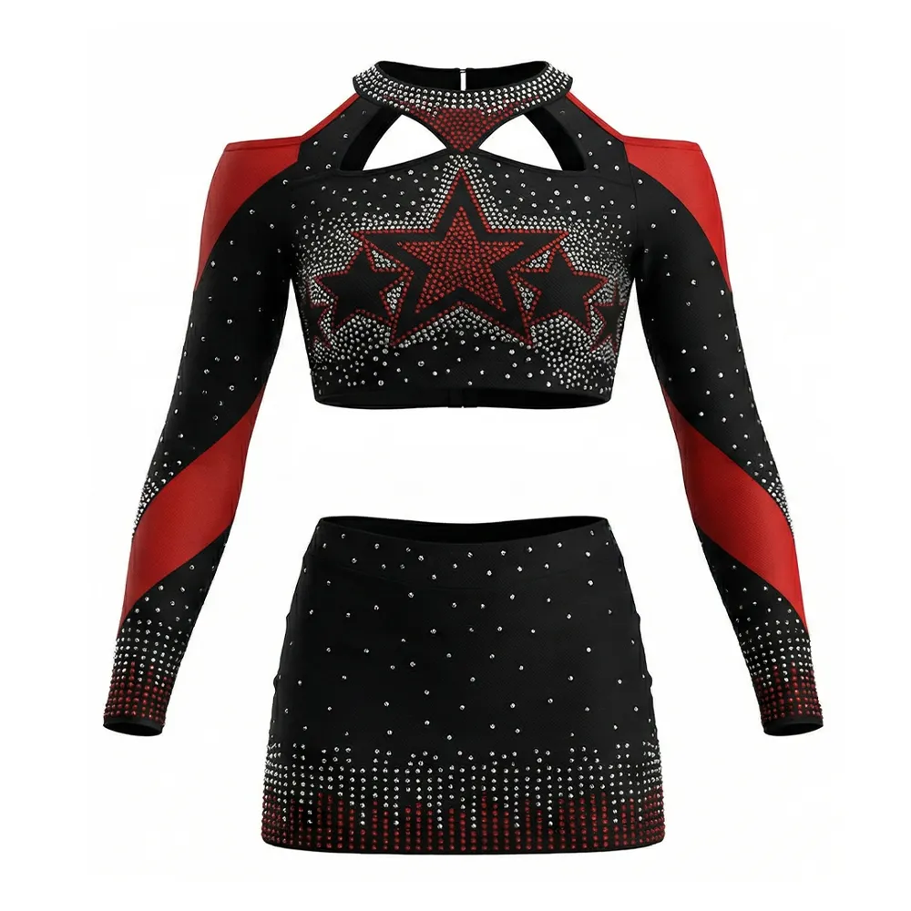 Cheerleading Uniforms Rhinestone Crop Top Skirt Set Stretch Spandex Personalized Ideal Team Competitions – photo 3