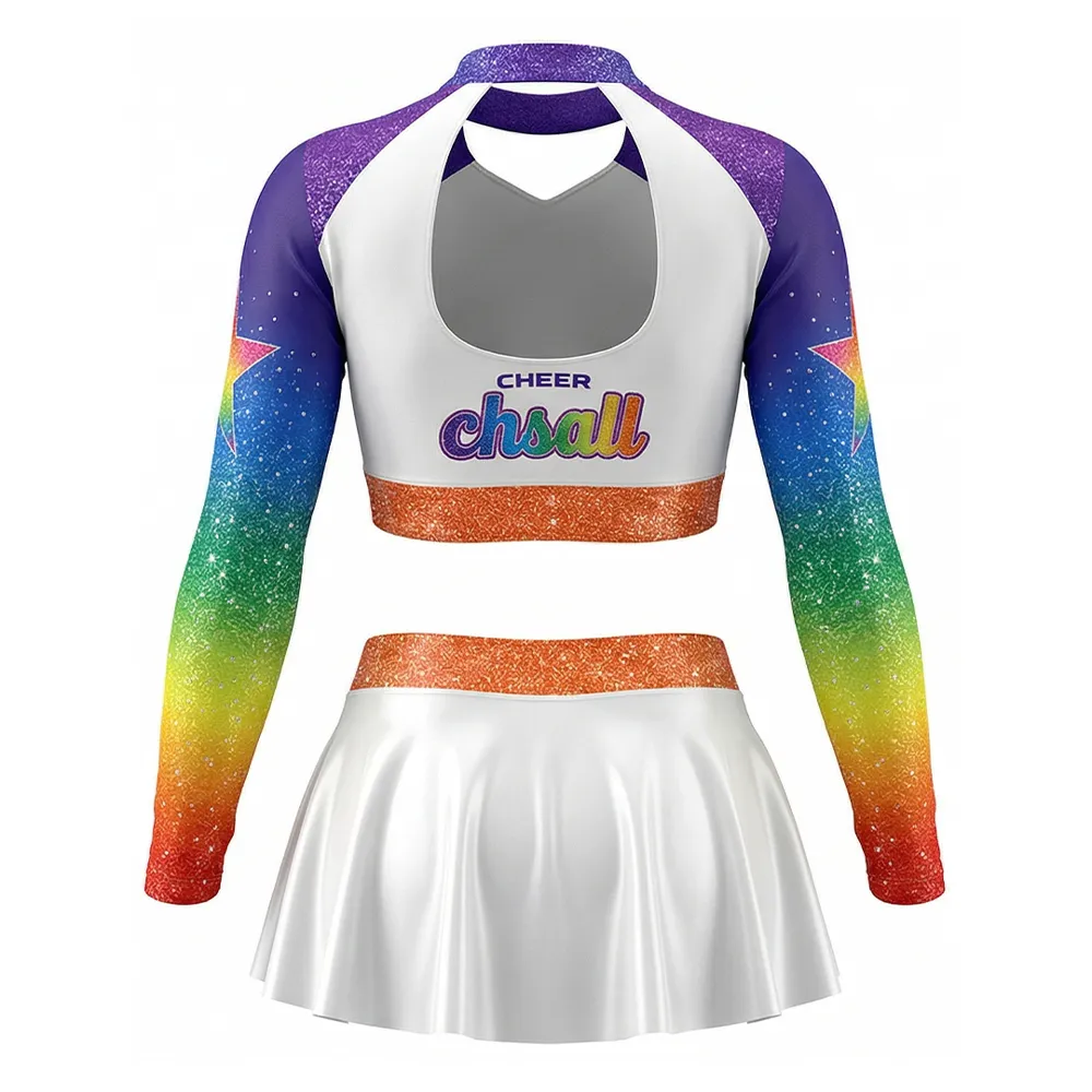 Long Sleeve Two Piece Cheerleading Uniform Rainbow Rhinestone Spandex Stretchy Cheer Outfit for Youth Team – photo 2