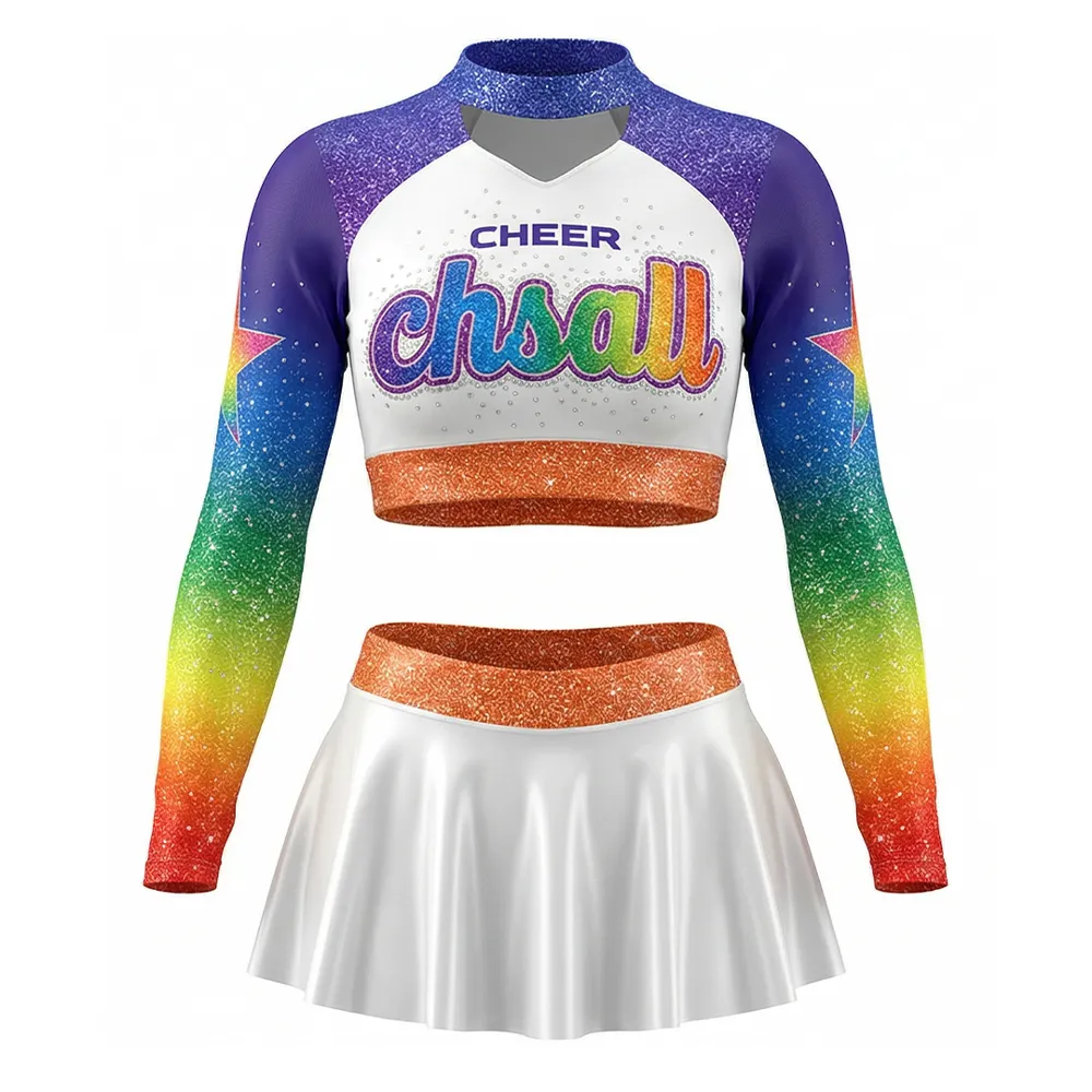 Long Sleeve Two Piece Cheerleading Uniform Rainbow Rhinestone Spandex Stretchy Cheer Outfit for Youth Team – photo 3