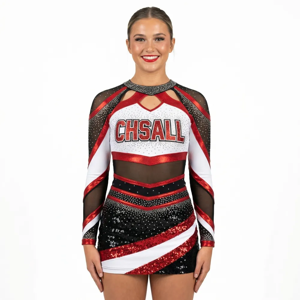 Cheerleading Uniforms for Girls Long Sleeve Rhinestone Sequin Cheer Outfits Personalized Team Cheerleading Costumes – photo 2