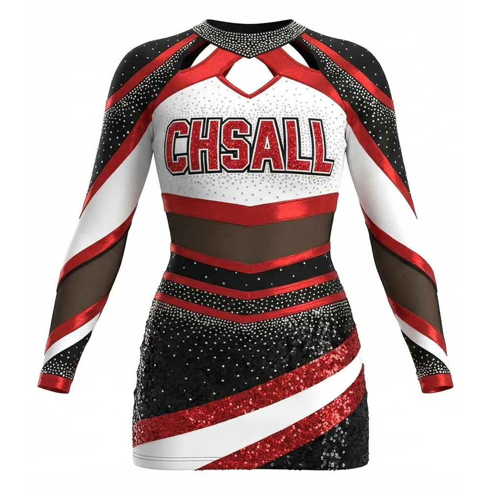 Cheerleading Uniforms for Girls Long Sleeve Rhinestone Sequin Cheer Outfits Personalized Team Cheerleading Costumes – photo 4