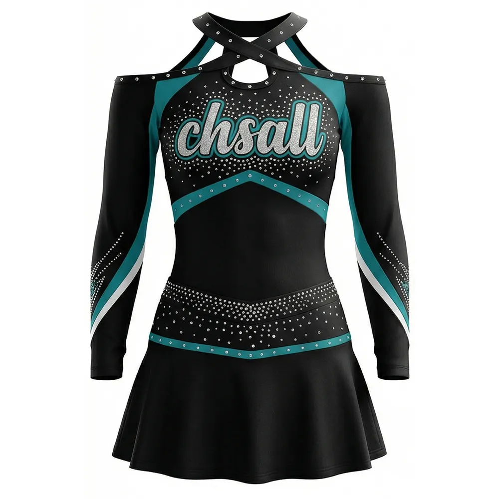 Premium Cheerleading Uniforms Rhinestone Embellished Cold Shoulder Long Sleeve Breathable Performance Wear Cheer Teams – photo 4