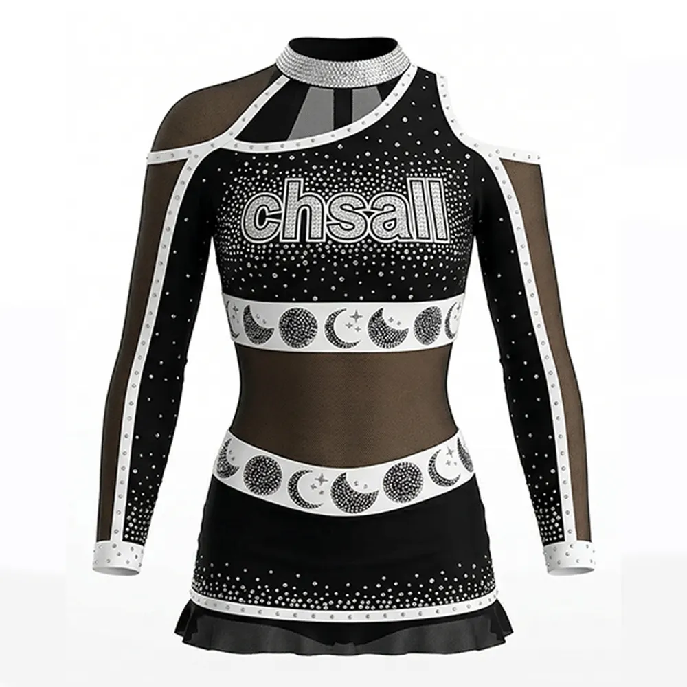 Long Sleeve Cheerleading Uniform One Piece Mesh Rhinestone Spandex Team Cheer Outfit – photo 2