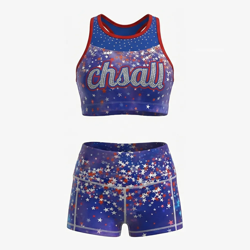 Girls Cheerleading Uniform Sleeveless Two Piece Star Print Spandex Stretchy Performance Cheer Outfit with Ruffle Hem – photo 2