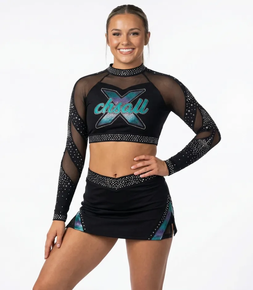 Sparkle Mesh Cheerleading Uniforms Long Sleeve Rhinestone Crop Top Skirt Set Cheer Practice Performance – photo 2