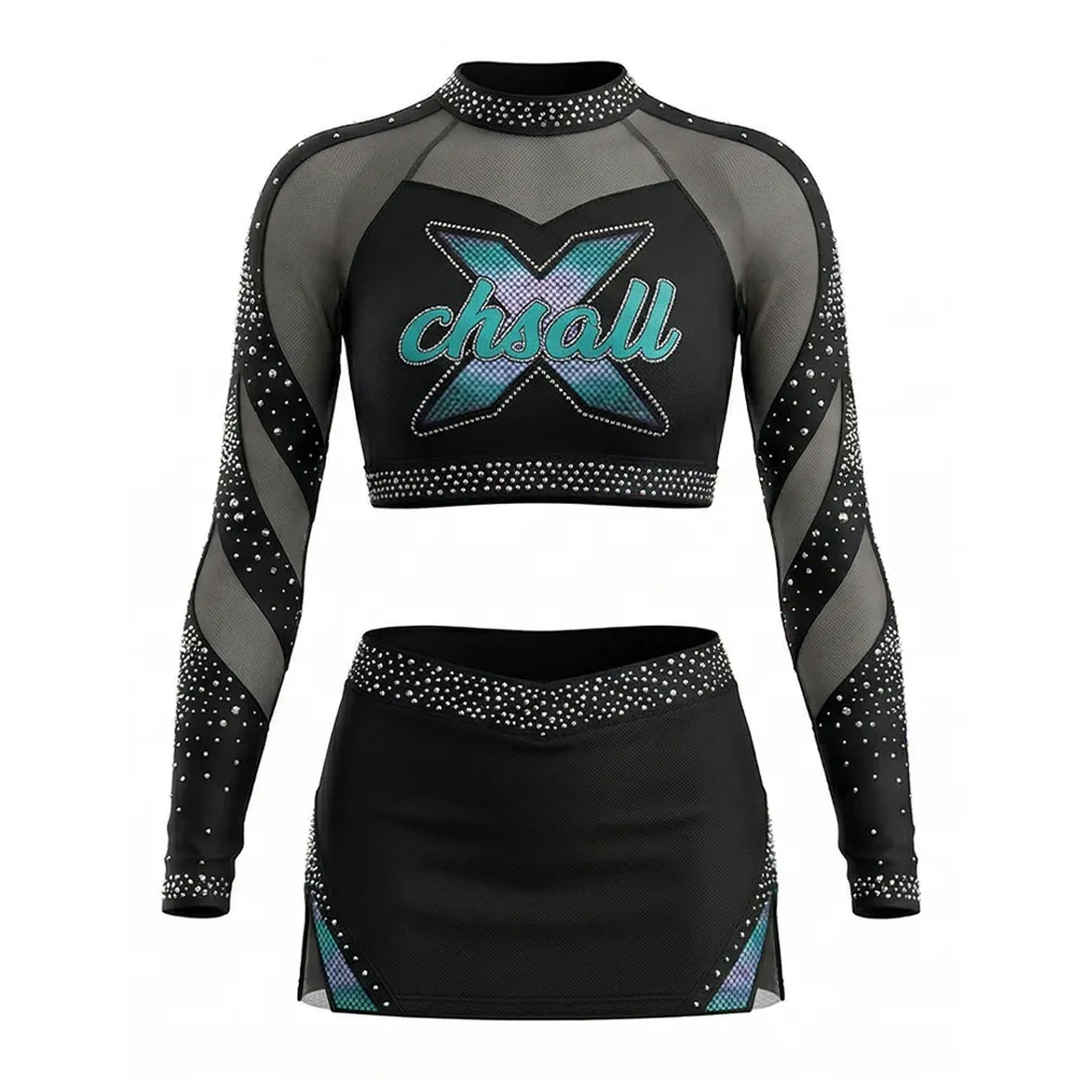 Sparkle Mesh Cheerleading Uniforms Long Sleeve Rhinestone Crop Top Skirt Set Cheer Practice Performance – photo 4