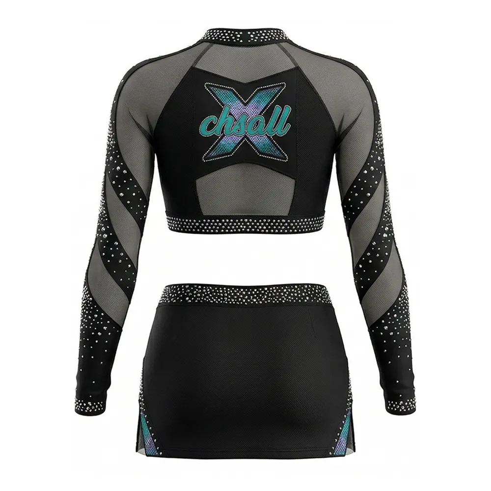 Sparkle Mesh Cheerleading Uniforms Long Sleeve Rhinestone Crop Top Skirt Set Cheer Practice Performance – photo 5