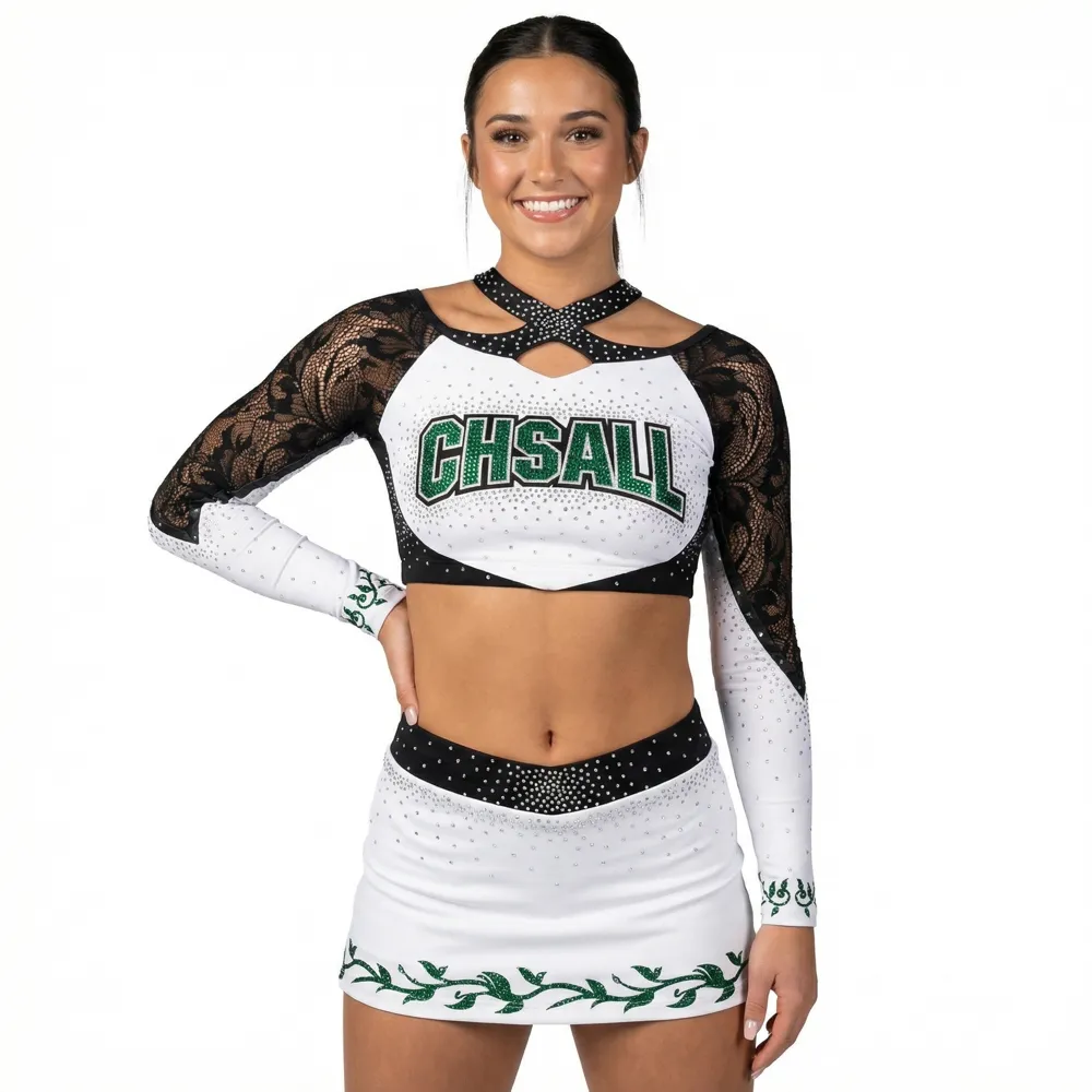 Cheerleading Uniforms Long Sleeve Lace Crop Top with Rhinestones Skirtr Cheer Apparel Team Performance – photo 2