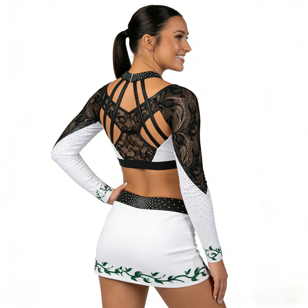 Cheerleading Uniforms Long Sleeve Lace Crop Top with Rhinestones Skirtr Cheer Apparel Team Performance – photo 3