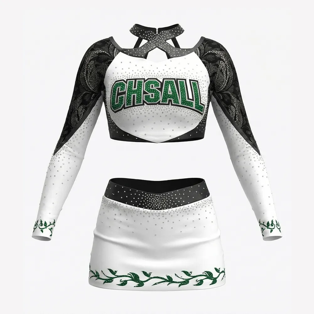 Cheerleading Uniforms Long Sleeve Lace Crop Top with Rhinestones Skirtr Cheer Apparel Team Performance – photo 4
