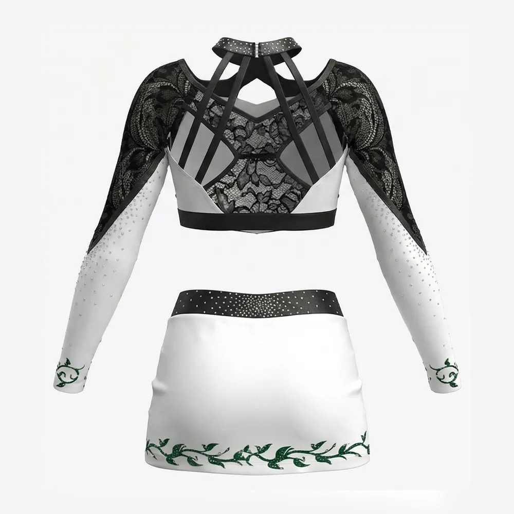 Cheerleading Uniforms Long Sleeve Lace Crop Top with Rhinestones Skirtr Cheer Apparel Team Performance – photo 5