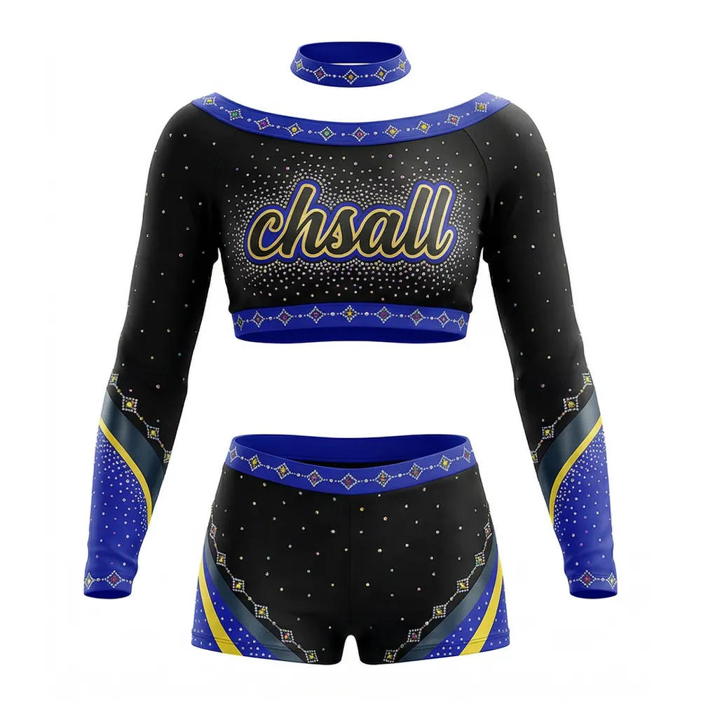Cheerleading Uniform Two Piece Long Sleeve Rhinestone Spandex Cheer Costume for Youth – photo 2