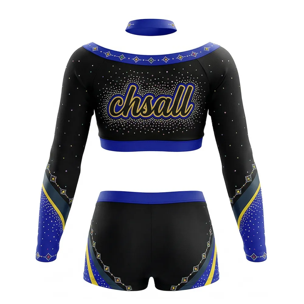 Cheerleading Uniform Two Piece Long Sleeve Rhinestone Spandex Cheer Costume for Youth – photo 3