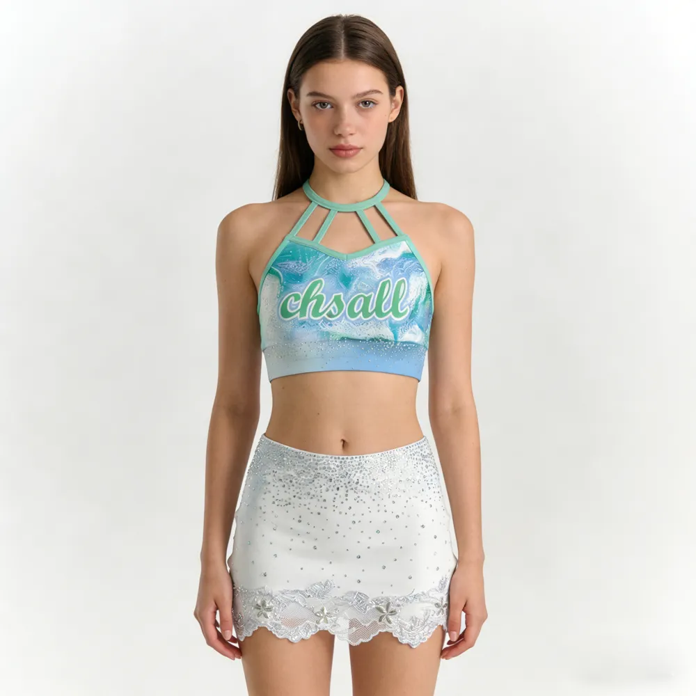 Women Cheerleading Uniform Set Blue Gradient Lace Skirt High Stretch Performance Cheer Outfit Rhinestone Detailing Competition – photo 2