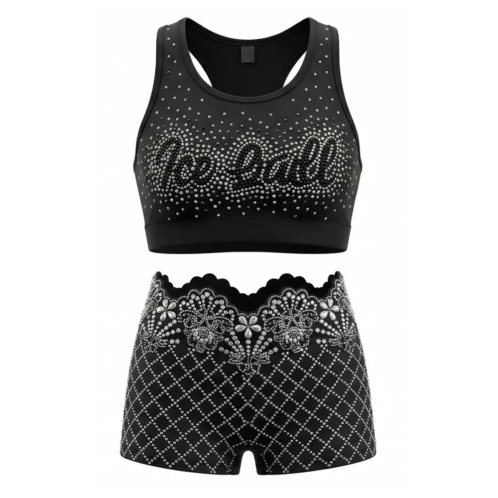 Girls Cheerleading Uniform Sleeveless High Waist Rhinestone Spandex Cheer Set – photo 2