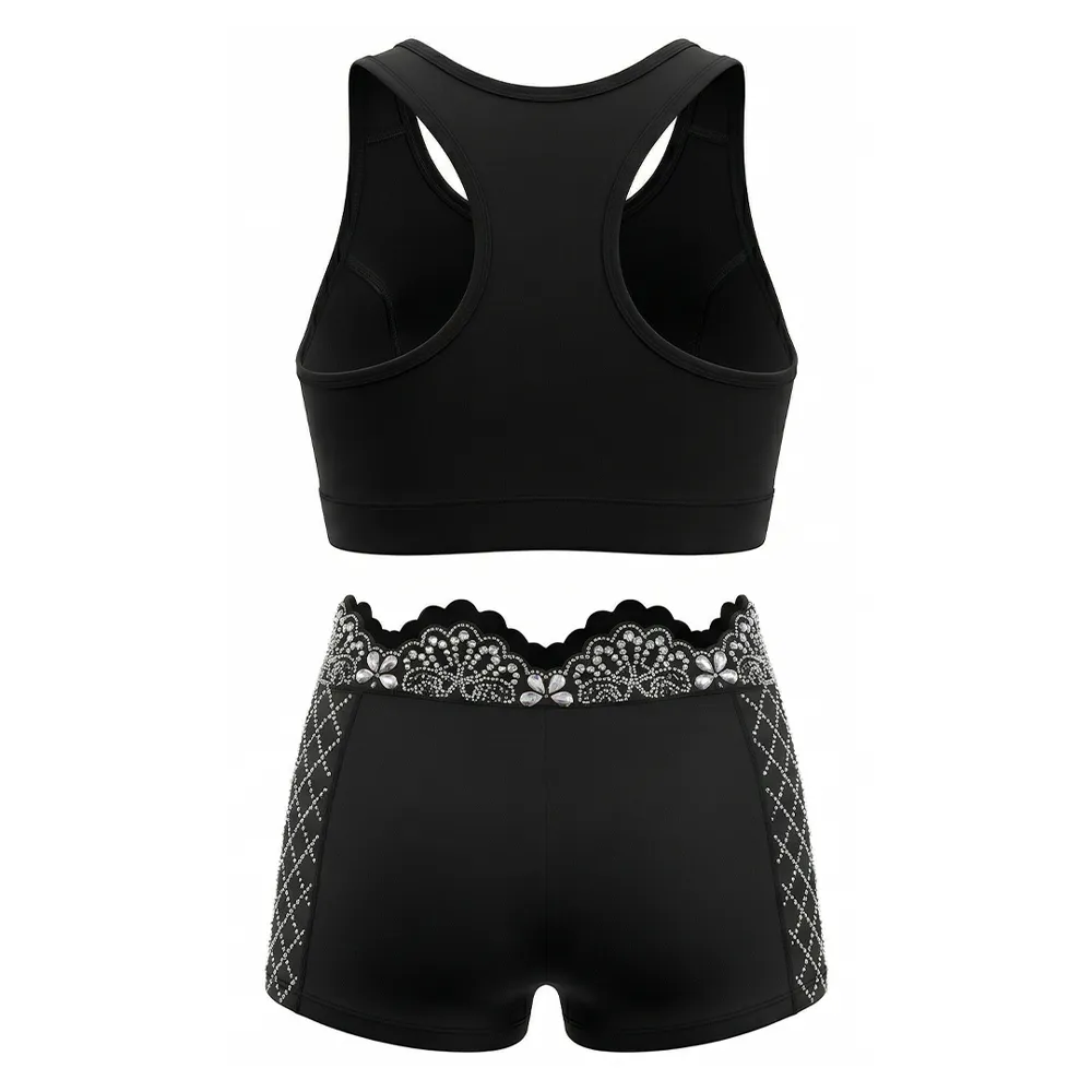 Girls Cheerleading Uniform Sleeveless High Waist Rhinestone Spandex Cheer Set – photo 3