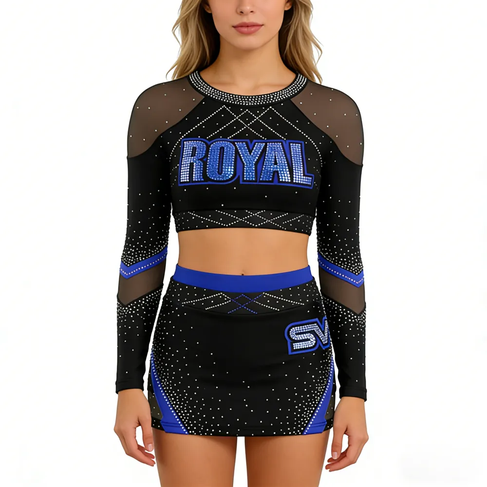 Sports Newest Design Long Sleeve Cheerleading Uniforms,Maroon and White Cheer Skirts,cheer Top With Rhinestones for Activity – photo 3