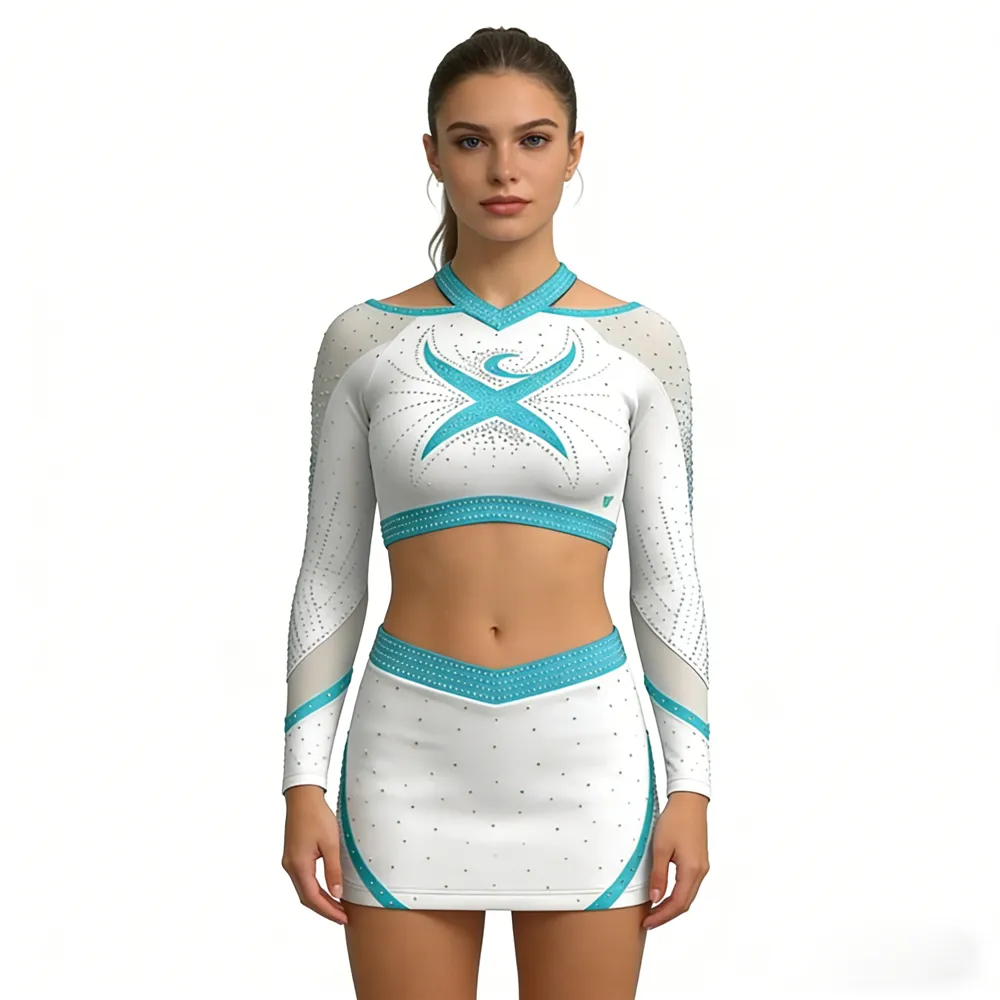 Teal Cheerleading Uniform Set Sparkle Rhinestone Mesh Crop Top Skirt CrissCross Back Performance Cheer Outfit Competition – photo 2