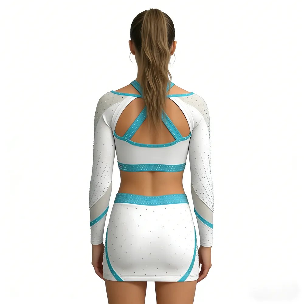 Teal Cheerleading Uniform Set Sparkle Rhinestone Mesh Crop Top Skirt CrissCross Back Performance Cheer Outfit Competition – photo 3