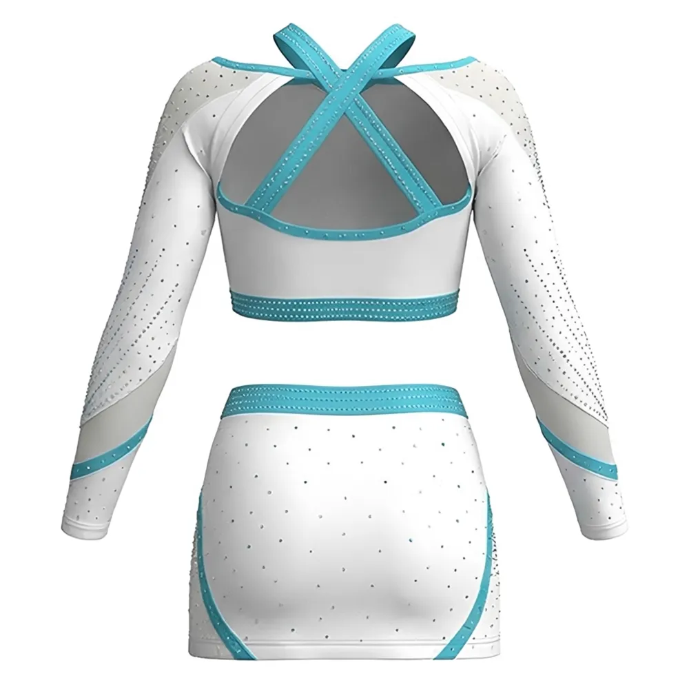 Teal Cheerleading Uniform Set Sparkle Rhinestone Mesh Crop Top Skirt CrissCross Back Performance Cheer Outfit Competition – photo 4